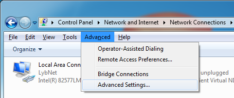 "Network Connection Advanced Settings Menu